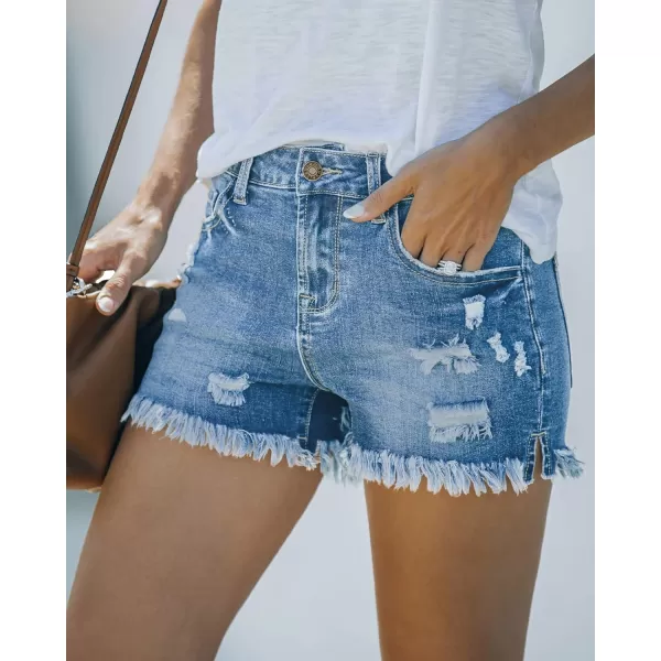 luvamia Womens Casual Mid Rise Denim Shorts Stretch Ripped Raw Hem Jean ShortsO Bay Blue Rip