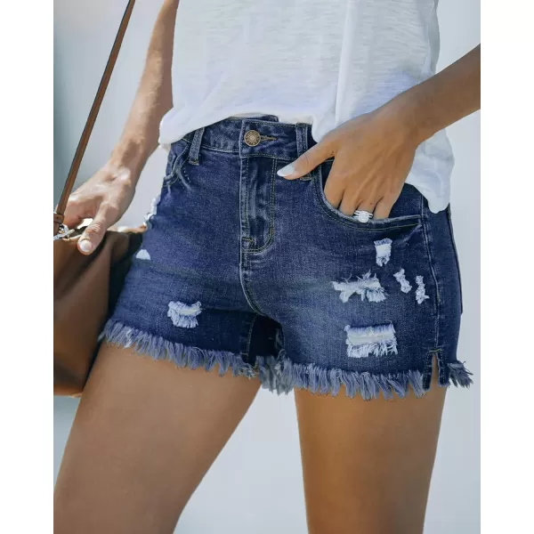 luvamia Womens Casual Mid Rise Denim Shorts Stretch Ripped Raw Hem Jean ShortsO Cape Blue