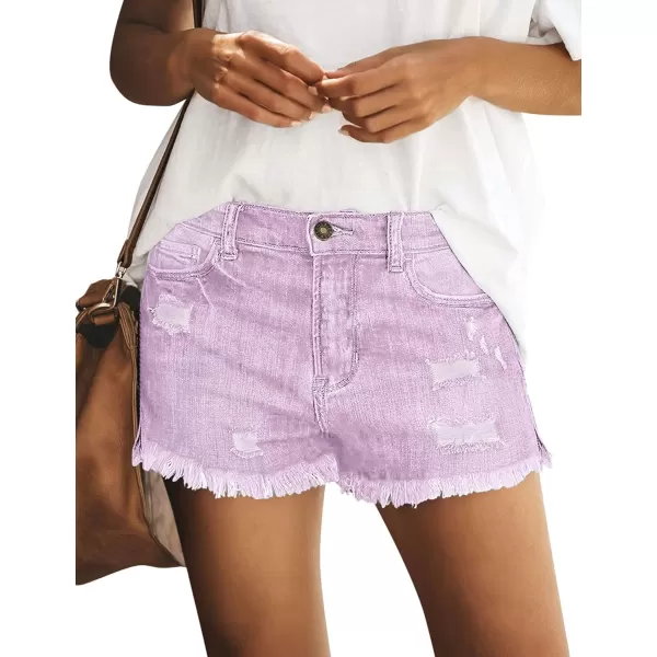 luvamia Womens Casual Mid Rise Denim Shorts Stretch Ripped Raw Hem Jean ShortsO Snow Wash Lavender