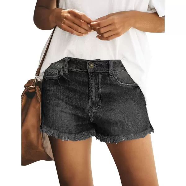 luvamia Womens Casual Mid Rise Denim Shorts Stretch Ripped Raw Hem Jean ShortsO Stormy Black