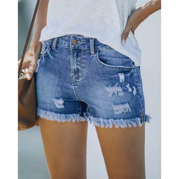 luvamia Womens Casual Mid Rise Denim Shorts Stretch Ripped Raw Hem Jean ShortsP Bay Blue Rip