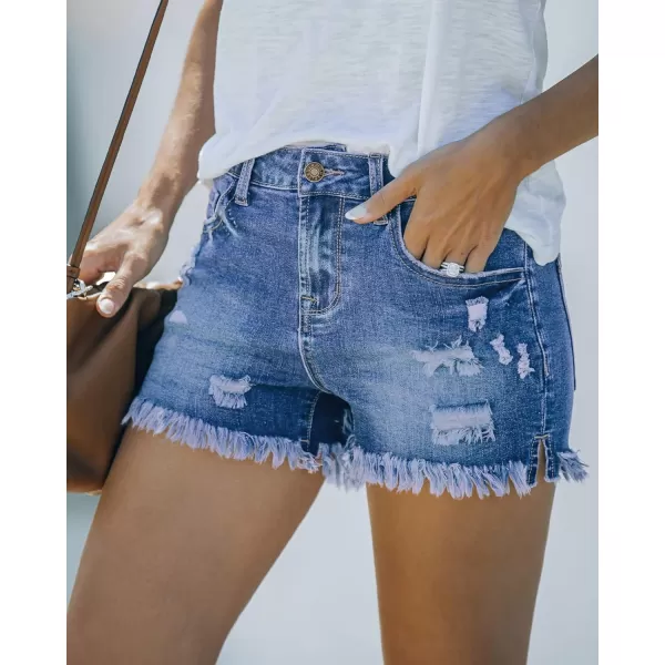 luvamia Womens Casual Mid Rise Denim Shorts Stretch Ripped Raw Hem Jean ShortsP Bay Blue Rip