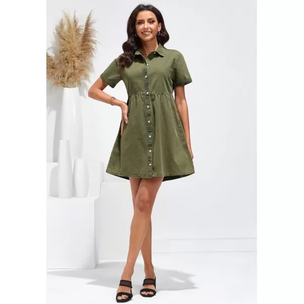 luvamia Womens Casual Short Sleeve Button Down Tiered Denim Babydoll Jean DressArmy Green