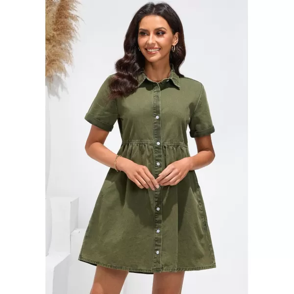 luvamia Womens Casual Short Sleeve Button Down Tiered Denim Babydoll Jean DressArmy Green