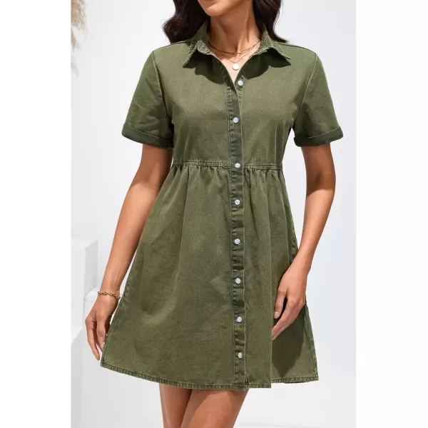 luvamia Womens Casual Short Sleeve Button Down Tiered Denim Babydoll Jean DressArmy Green