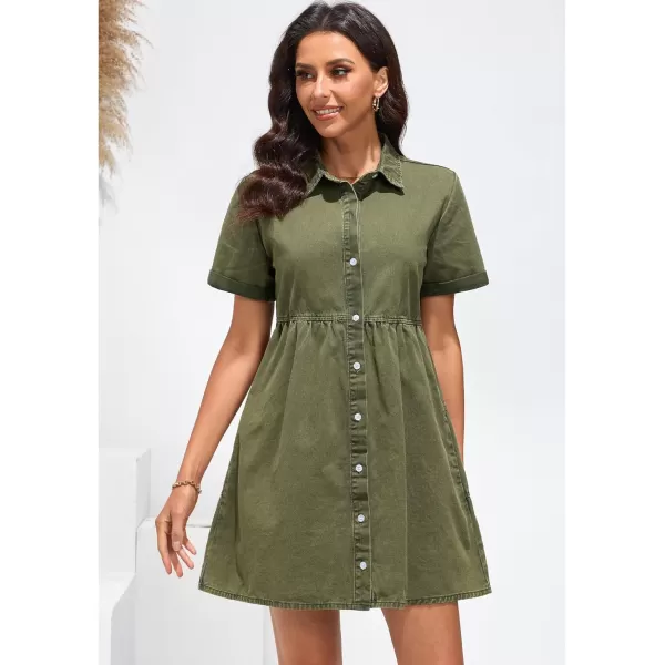 luvamia Womens Casual Short Sleeve Button Down Tiered Denim Babydoll Jean DressArmy Green