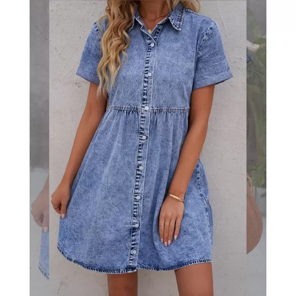 luvamia Womens Casual Short Sleeve Button Down Tiered Denim Babydoll Jean DressBay Blue