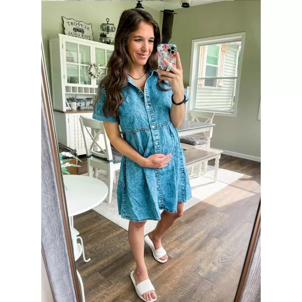 luvamia Womens Casual Short Sleeve Button Down Tiered Denim Babydoll Jean DressBay Blue