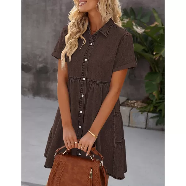 luvamia Womens Casual Short Sleeve Button Down Tiered Denim Babydoll Jean DressCocoa Brown