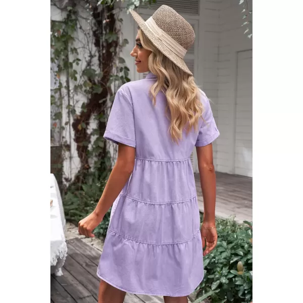 luvamia Womens Casual Short Sleeve Button Down Tiered Denim Babydoll Jean DressDigital Lavender