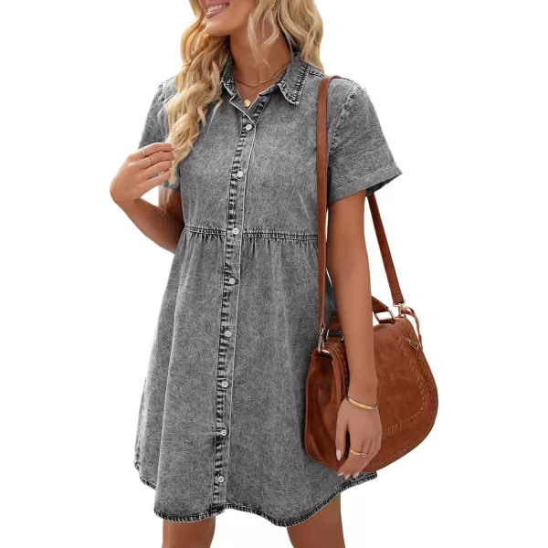 luvamia Womens Casual Short Sleeve Button Down Tiered Denim Babydoll Jean DressFoxy Grey