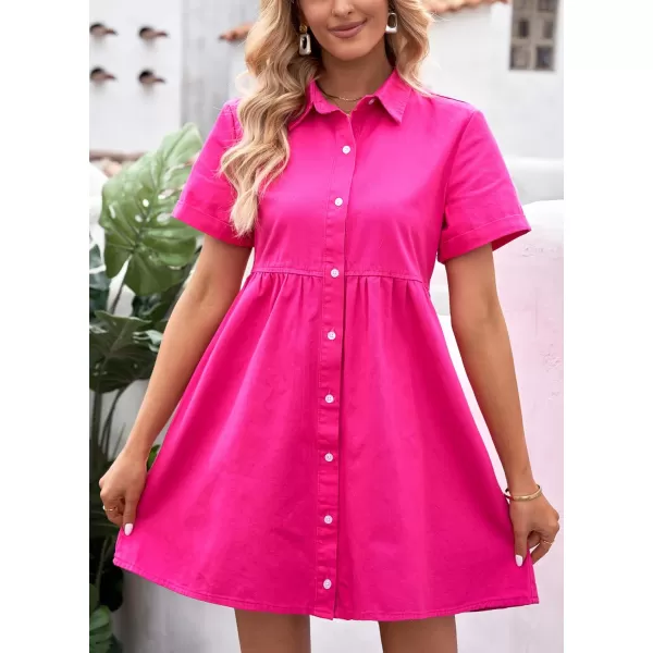 luvamia Womens Casual Short Sleeve Button Down Tiered Denim Babydoll Jean DressHot Pink