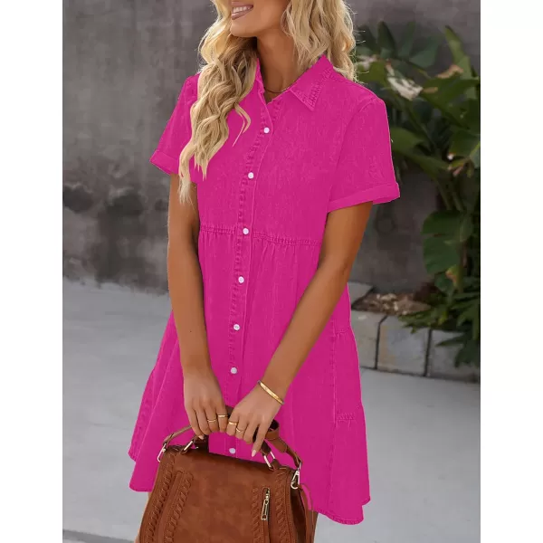 luvamia Womens Casual Short Sleeve Button Down Tiered Denim Babydoll Jean DressHot Pink