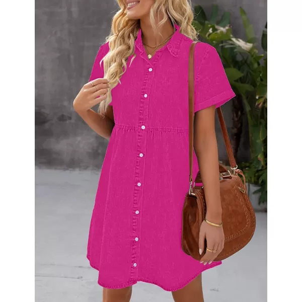 luvamia Womens Casual Short Sleeve Button Down Tiered Denim Babydoll Jean DressHot Pink