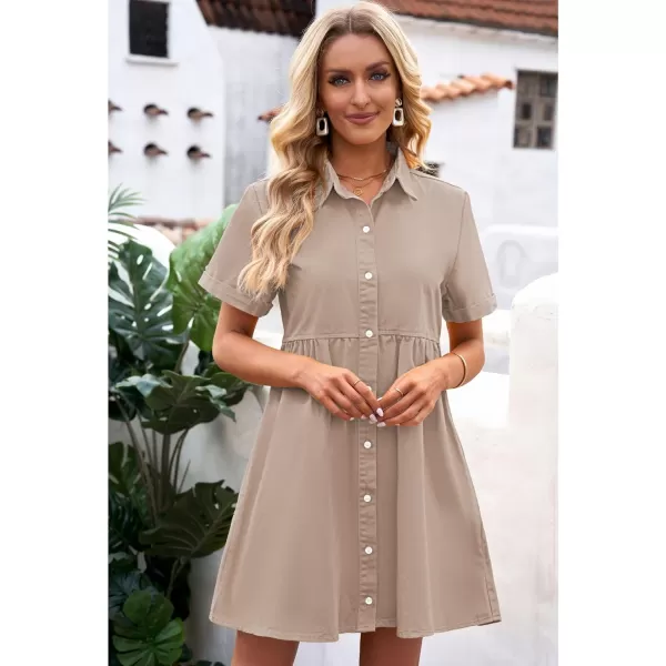 luvamia Womens Casual Short Sleeve Button Down Tiered Denim Babydoll Jean DressLight Taupe