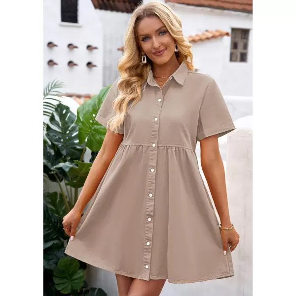 luvamia Womens Casual Short Sleeve Button Down Tiered Denim Babydoll Jean DressLight Taupe