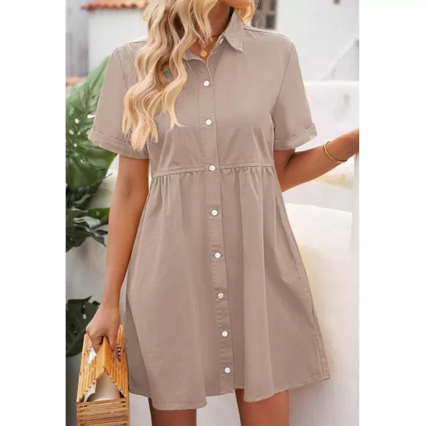 luvamia Womens Casual Short Sleeve Button Down Tiered Denim Babydoll Jean DressLight Taupe