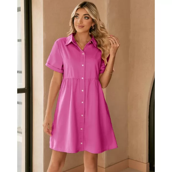 luvamia Womens Casual Short Sleeve Button Down Tiered Denim Babydoll Jean DressMagenta