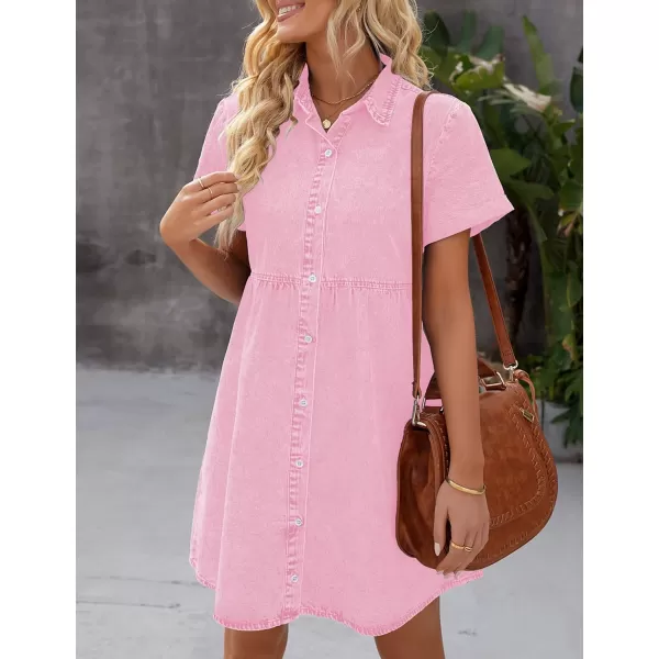 luvamia Womens Casual Short Sleeve Button Down Tiered Denim Babydoll Jean DressParfait Pink