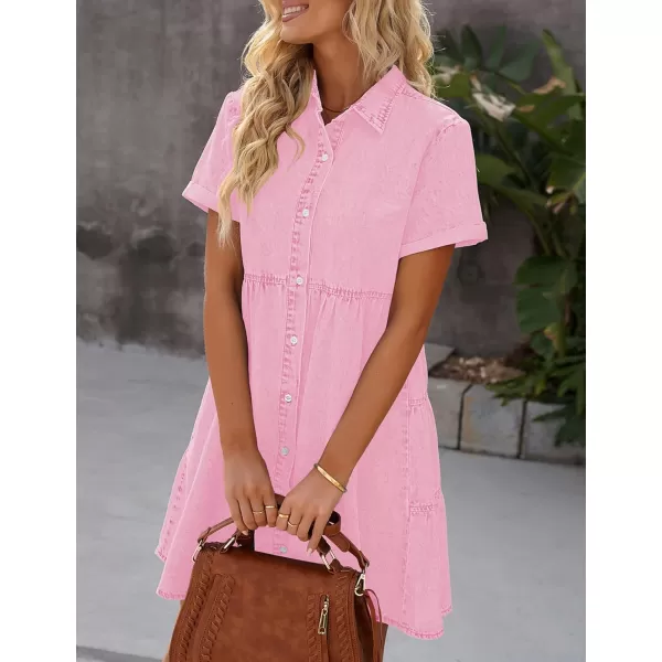 luvamia Womens Casual Short Sleeve Button Down Tiered Denim Babydoll Jean DressParfait Pink