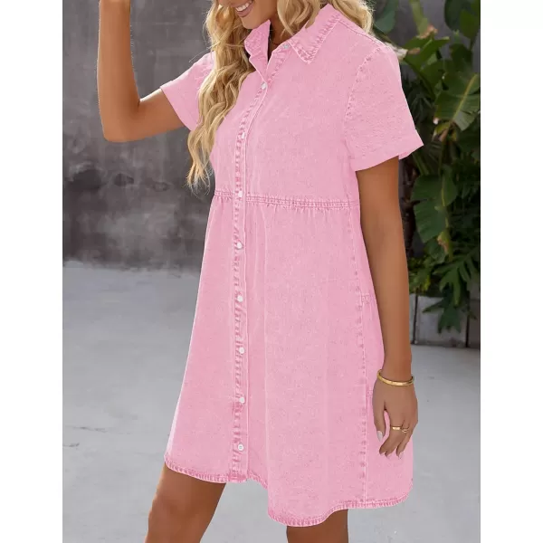 luvamia Womens Casual Short Sleeve Button Down Tiered Denim Babydoll Jean DressParfait Pink