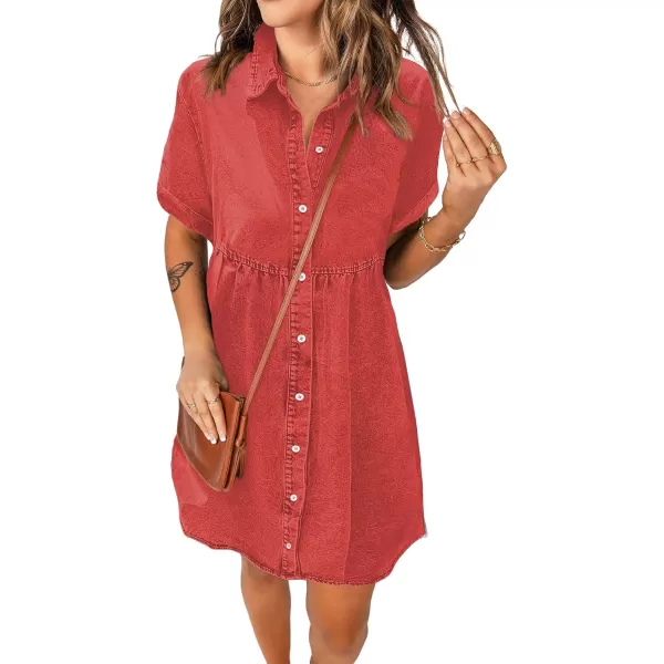 luvamia Womens Casual Short Sleeve Button Down Tiered Denim Babydoll Jean DressPoppy Red