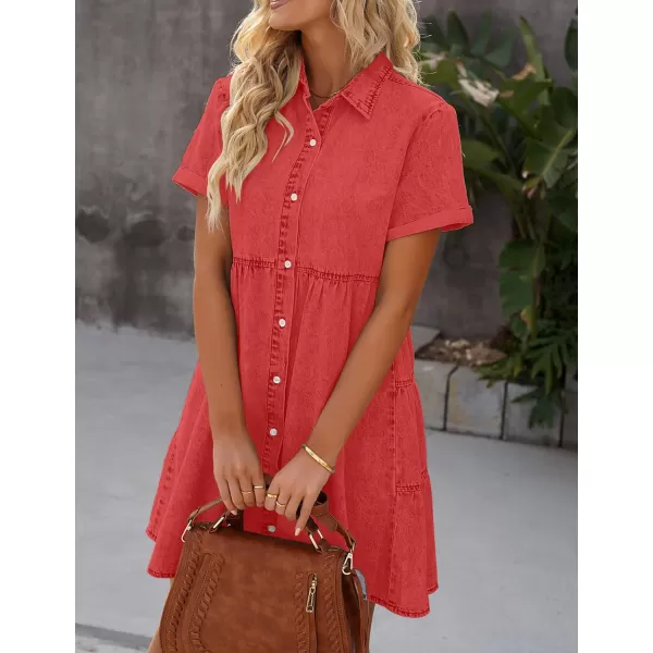 luvamia Womens Casual Short Sleeve Button Down Tiered Denim Babydoll Jean DressPoppy Red