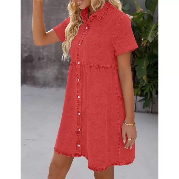 luvamia Womens Casual Short Sleeve Button Down Tiered Denim Babydoll Jean DressPoppy Red