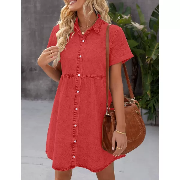 luvamia Womens Casual Short Sleeve Button Down Tiered Denim Babydoll Jean DressPoppy Red