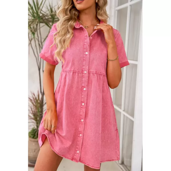 luvamia Womens Casual Short Sleeve Button Down Tiered Denim Babydoll Jean DressRaspberry