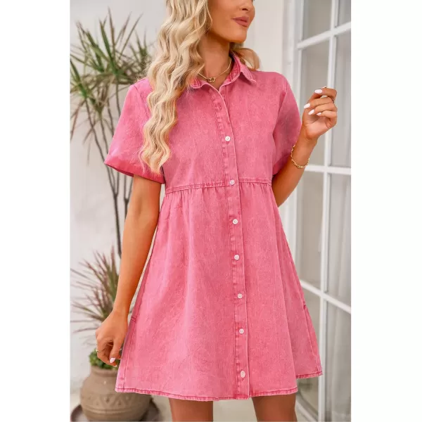 luvamia Womens Casual Short Sleeve Button Down Tiered Denim Babydoll Jean DressRaspberry