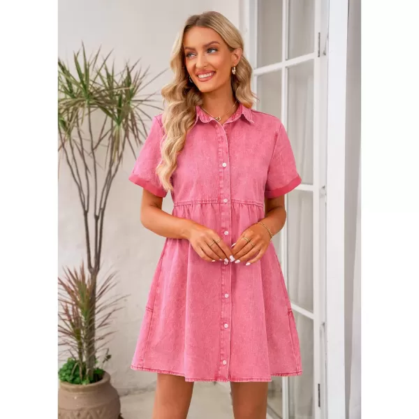 luvamia Womens Casual Short Sleeve Button Down Tiered Denim Babydoll Jean DressRaspberry