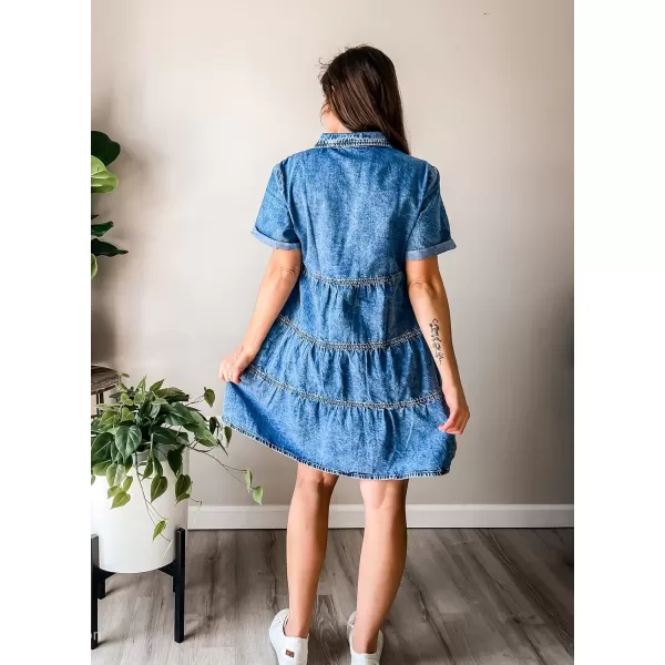 luvamia Womens Casual Short Sleeve Button Down Tiered Denim Babydoll Jean DressReef Blue