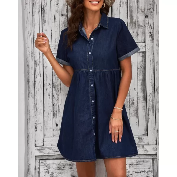 luvamia Womens Casual Short Sleeve Button Down Tiered Denim Babydoll Jean DressTwilight Blue