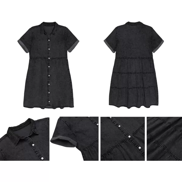 luvamia Womens Casual Short Sleeve Button Down Tiered Denim Babydoll Jean DressVintage Black