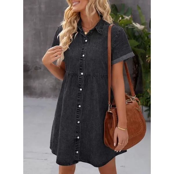 luvamia Womens Casual Short Sleeve Button Down Tiered Denim Babydoll Jean DressVintage Black