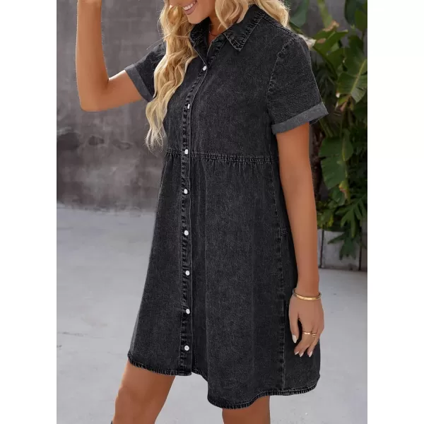 luvamia Womens Casual Short Sleeve Button Down Tiered Denim Babydoll Jean DressVintage Black