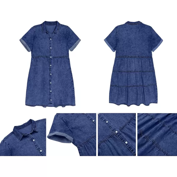 luvamia Womens Casual Short Sleeve Button Down Tiered Denim Babydoll Jean DressWishful Blue