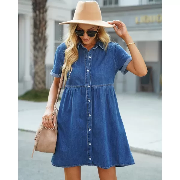 luvamia Womens Casual Short Sleeve Button Down Tiered Denim Babydoll Jean DressWishful Blue