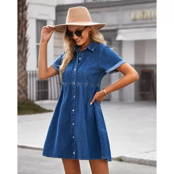 luvamia Womens Casual Short Sleeve Button Down Tiered Denim Babydoll Jean DressWishful Blue