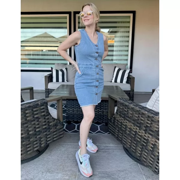 luvamia Womens Casual V Neck Sleeveless Jeans Button Down Denim Short DressLight Blue