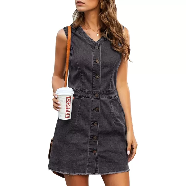 luvamia Womens Casual V Neck Sleeveless Jeans Button Down Denim Short DressPebble Grey