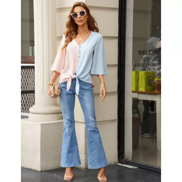 luvamia Womens Casual V Neck Tops 34 Sleeve Tie Knot Blouses Solid Button Down ShirtsBaby Pink  Blue