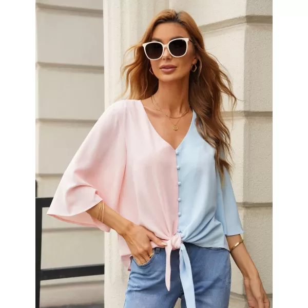 luvamia Womens Casual V Neck Tops 34 Sleeve Tie Knot Blouses Solid Button Down ShirtsBaby Pink  Blue