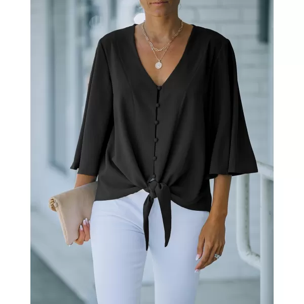 luvamia Womens Casual V Neck Tops 34 Sleeve Tie Knot Blouses Solid Button Down ShirtsBlack