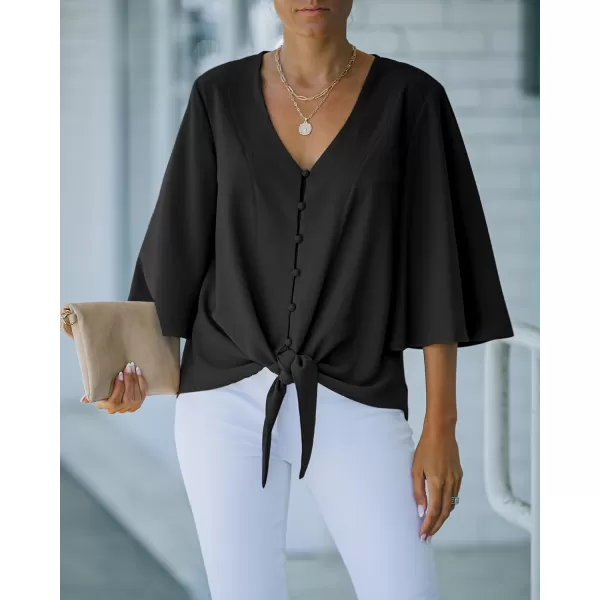 luvamia Womens Casual V Neck Tops 34 Sleeve Tie Knot Blouses Solid Button Down ShirtsBlack