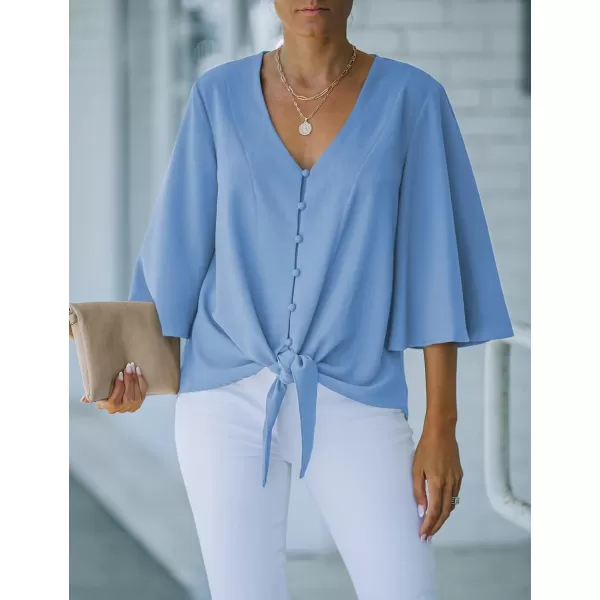 luvamia Womens Casual V Neck Tops 34 Sleeve Tie Knot Blouses Solid Button Down ShirtsBonnie Blue