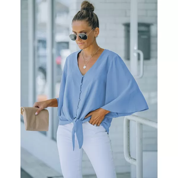 luvamia Womens Casual V Neck Tops 34 Sleeve Tie Knot Blouses Solid Button Down ShirtsBonnie Blue