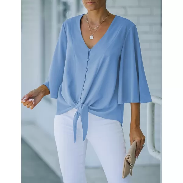 luvamia Womens Casual V Neck Tops 34 Sleeve Tie Knot Blouses Solid Button Down ShirtsBonnie Blue