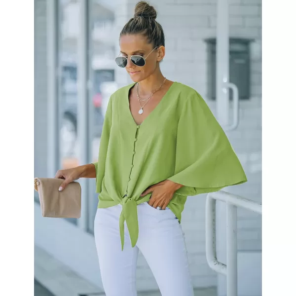 luvamia Womens Casual V Neck Tops 34 Sleeve Tie Knot Blouses Solid Button Down ShirtsBright Green